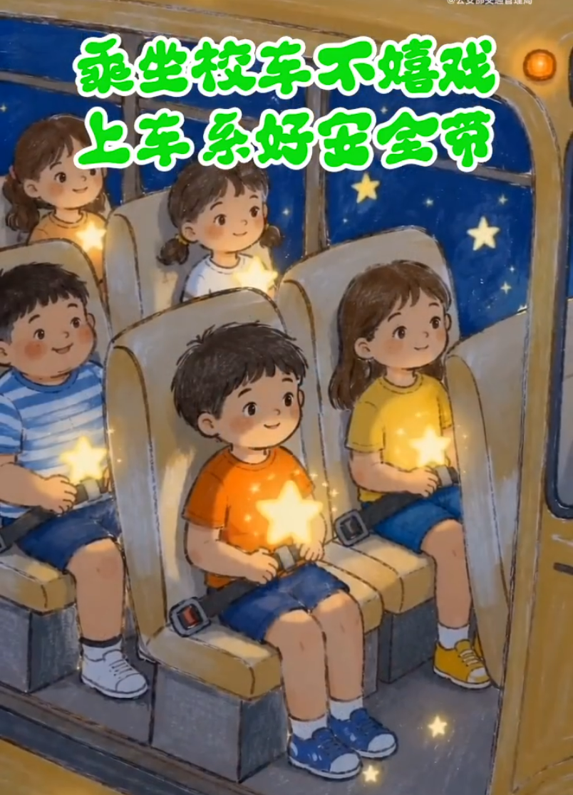 乘坐校车不嬉戏，上车系好安全带~