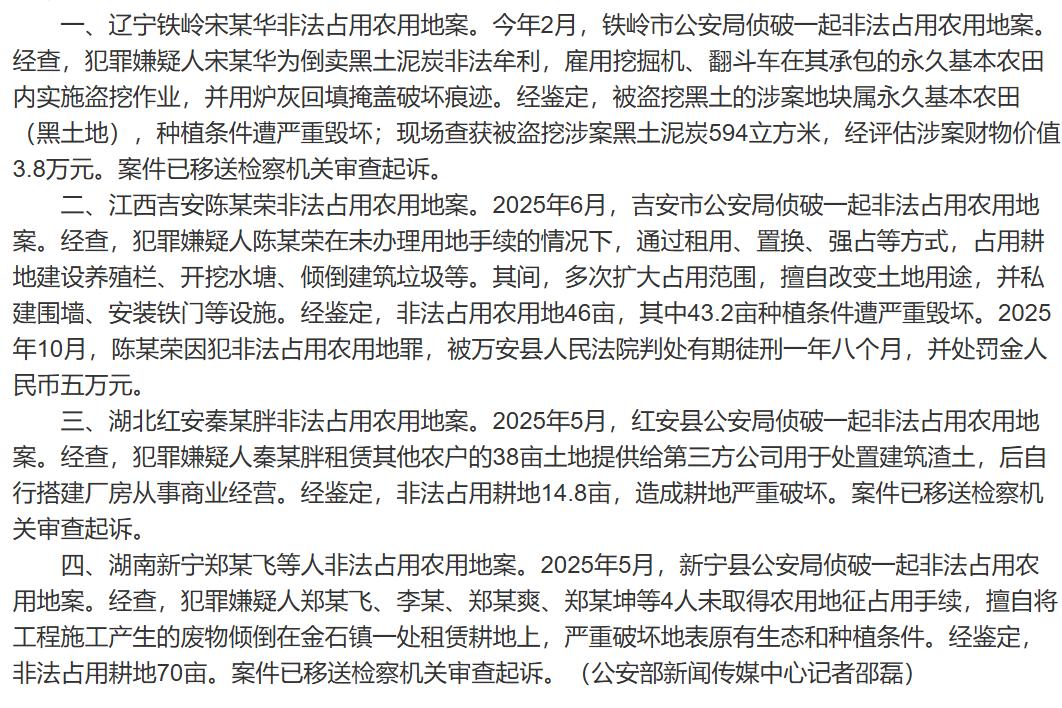 公安部公布四起非法占用农用地典型案例